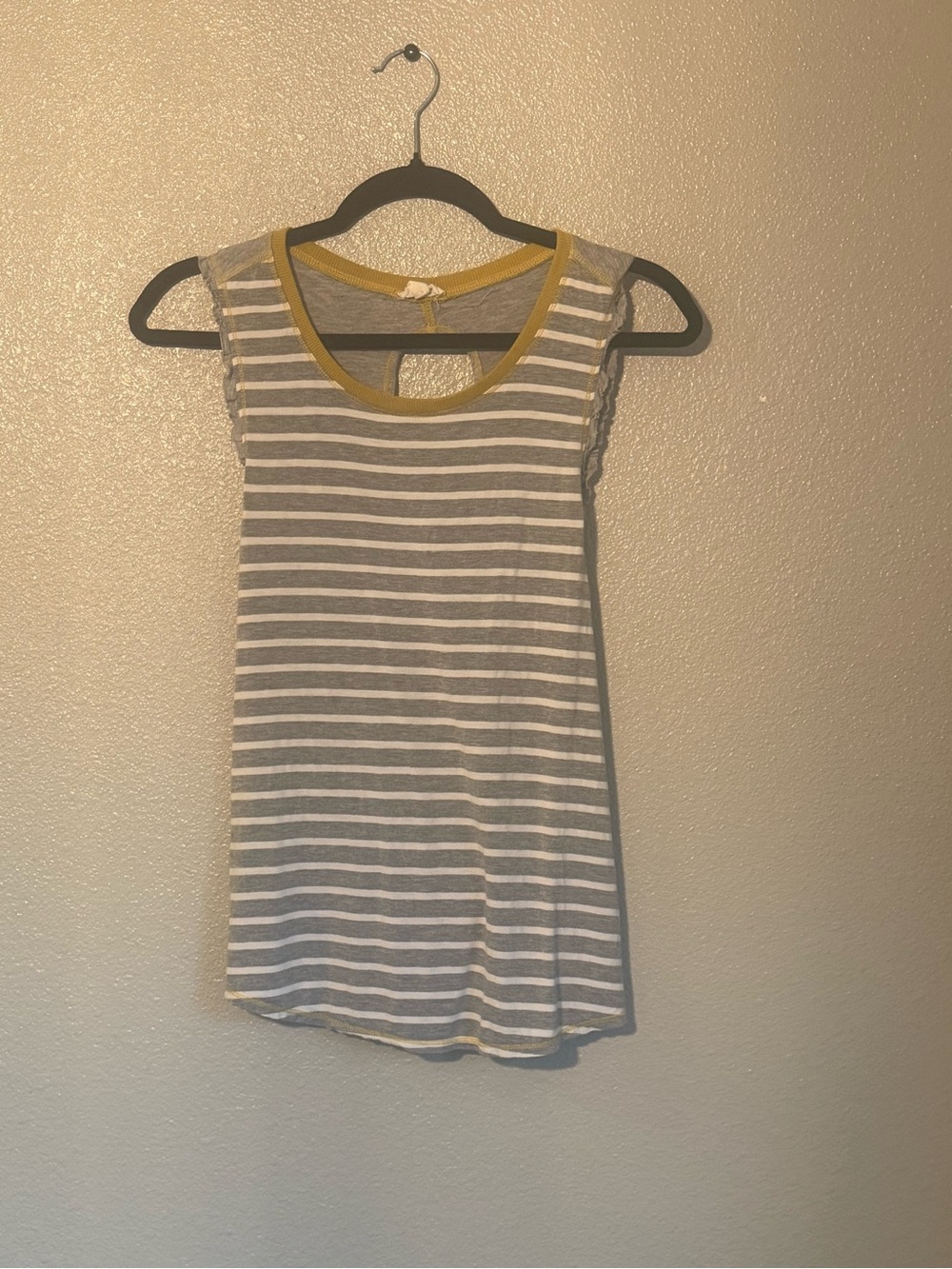 Hem & Thread Gray and White Striped Tank with Mustard Trim